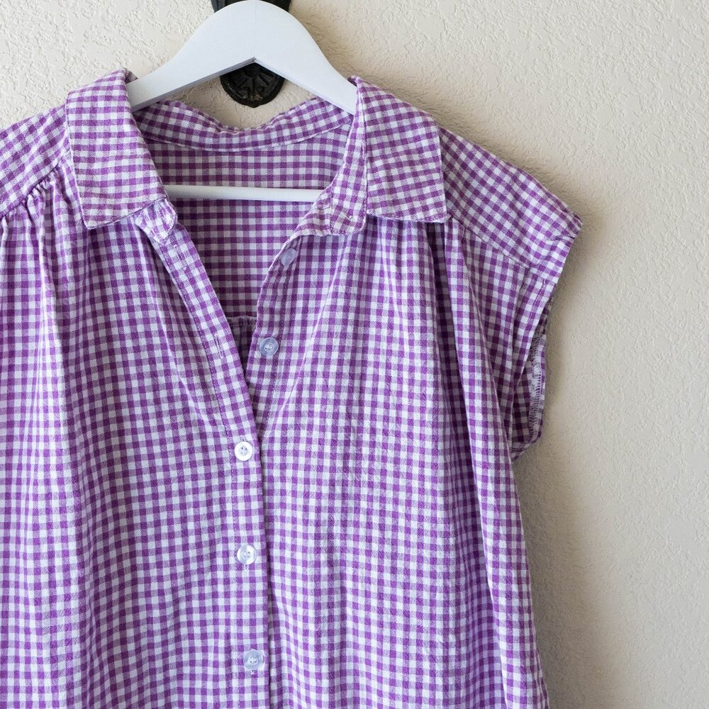 Lomon Purple White Gingham Button Front Top Women’s M Cotton Sleeveless - Picture 6 of 10
